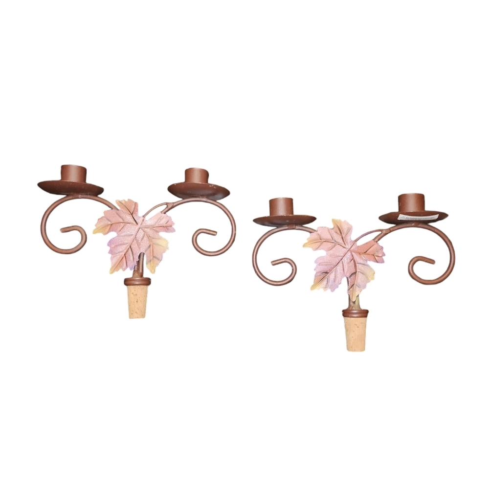 Metal Fall Maple Leaf Pair Of Wine Bottle Cork Taper Candle Holders 6"X7.5"X2.5"